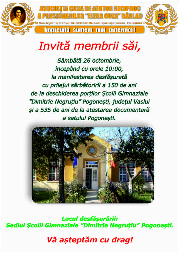 150 de ani de la deschiderea porților Școlii Gimnaziale ”Dimitrie Negruțiu” Pogonești